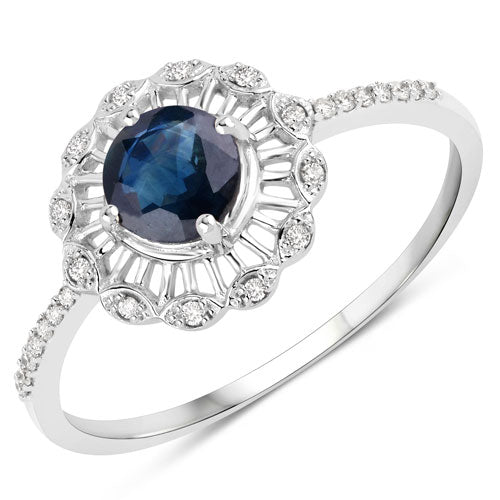 Anillo de Compromiso de Zafiro Azul y Diamante de 0.72 Quilates en Oro Blanco de 14K