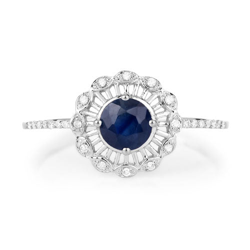 Anillo de Compromiso de Zafiro Azul y Diamante de 0.72 Quilates en Oro Blanco de 14K