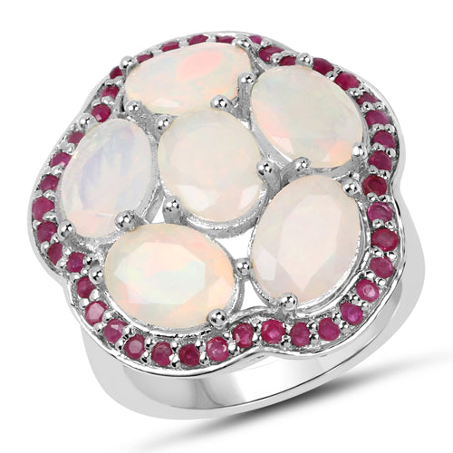 Bague de fiançailles en argent sterling avec opale éthiopienne de 4,66 carats et rubis