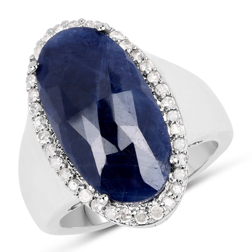 Bague de fiançailles en argent sterling .925 avec saphir bleu de 9,83 carats et diamants