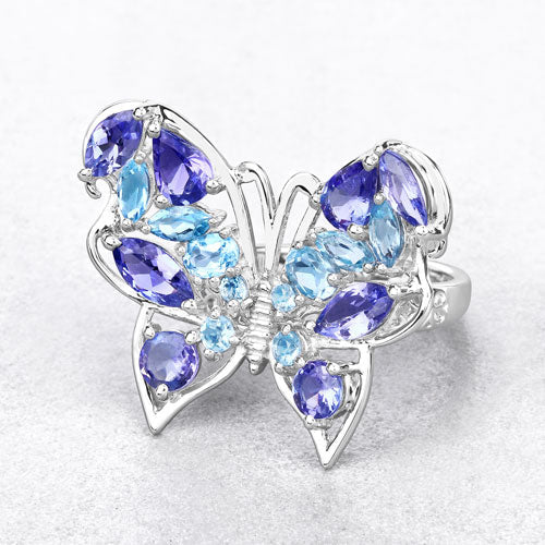 Bague en Tanzanite et Topaze Bleue Suisse de 3,60 Carats en Argent Sterling