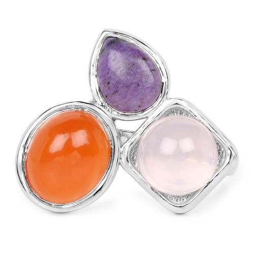 Bague en argent sterling avec quartz rose, cornaline et charoïte de 5,21 carats