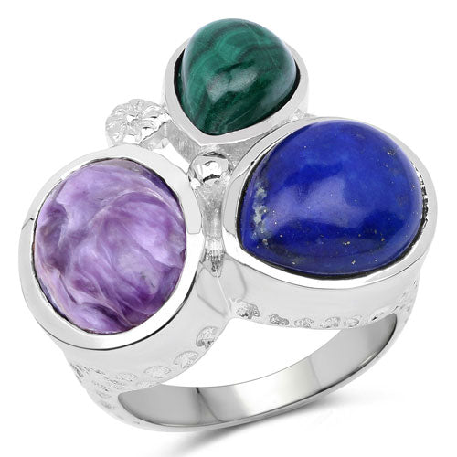 11.23 Carat Genuine Malachite, Charolite, and Lapis Sterling Silver Ring