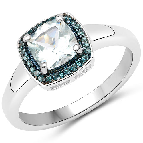 Bague en argent sterling avec aquamarine de 0,83 carat et diamants bleus