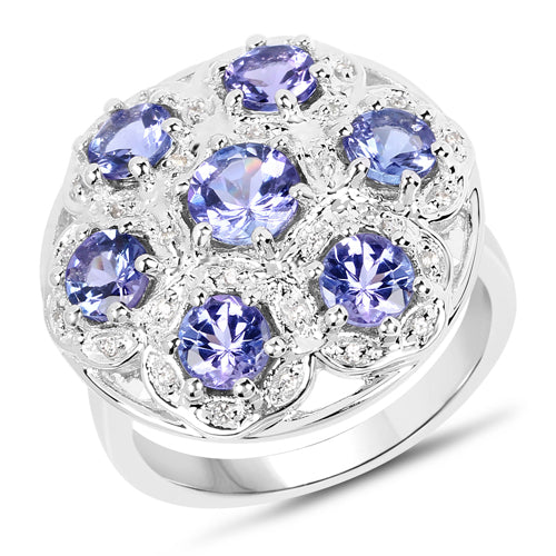 2.00 Carat Genuine Tanzanite and White Zircon Sterling Silver Ring