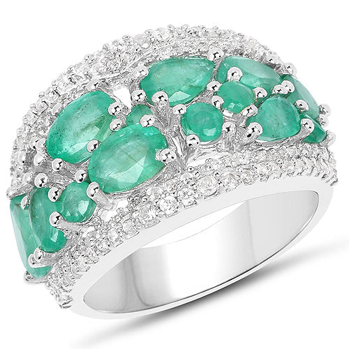 3.27 Carat Genuine Emerald and White Zircon Sterling Silver Ring