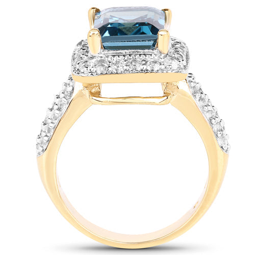 Anillo de Topacio Azul Londres y Topacio Blanco Bañado en Oro Amarillo de 14K