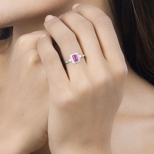 0.75 Carat Ruby and Diamond 14K White Gold Engagement Ring