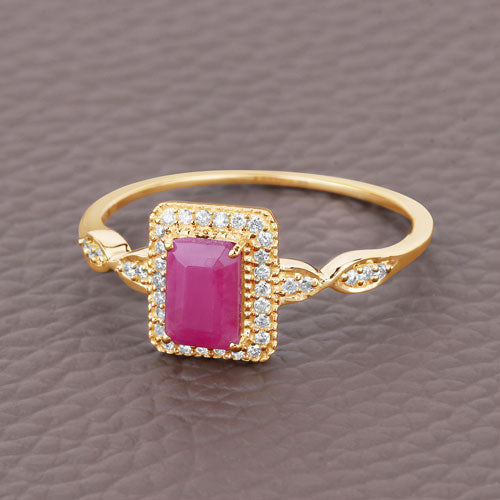 0.75 Carat Ruby and Diamond Halo Engagement Ring in 14K Gold