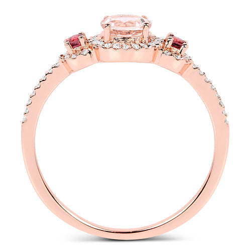 Bague en or rose 14K avec morganite de 0,63 carat, tourmaline rose et diamant