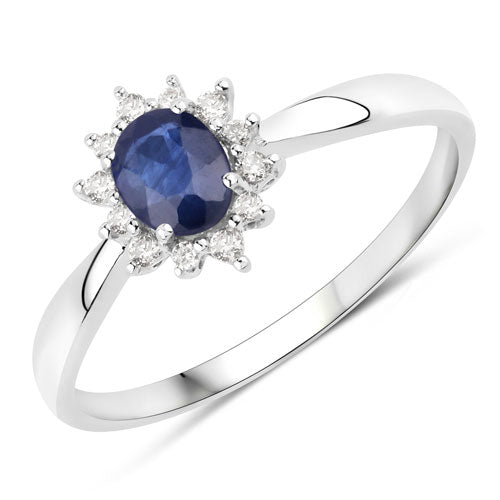 Bague Halo en Saphir Bleu et Diamants de 0,44 Carat en Or Blanc 14K