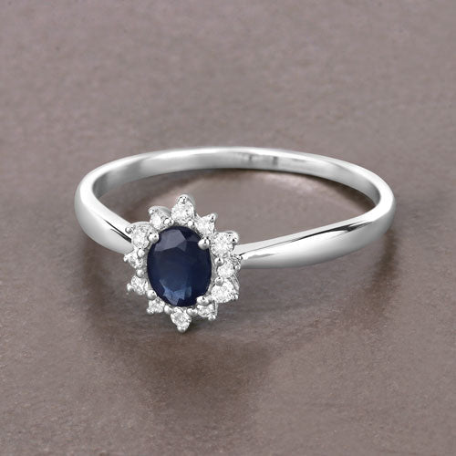 Bague Halo en Saphir Bleu et Diamants de 0,44 Carat en Or Blanc 14K