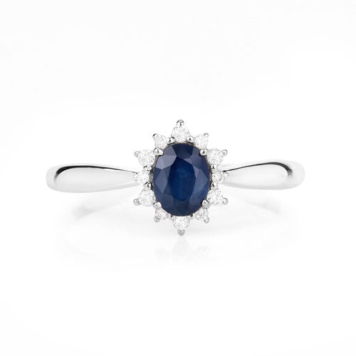 Bague Halo en Saphir Bleu et Diamants de 0,44 Carat en Or Blanc 14K