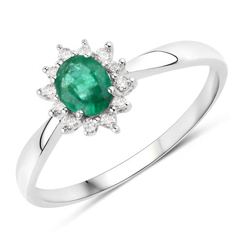 Bague de fiançailles en or blanc 14K avec émeraude zambienne de 0,40 carat et diamants