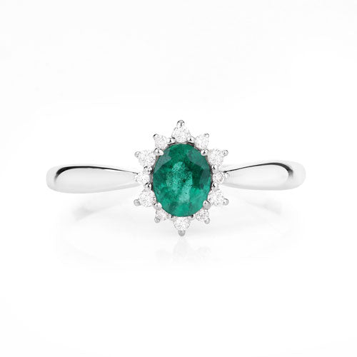 Bague de fiançailles en or blanc 14K avec émeraude zambienne de 0,40 carat et diamants