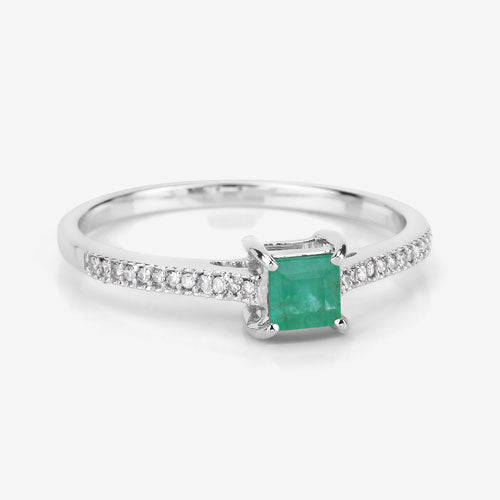 Bague de fiançailles en or blanc 14K avec émeraude zambienne de 0,67 carat et diamants
