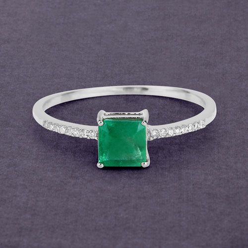 Bague de fiançailles en or blanc 14K avec émeraude zambienne de 0,64 carat et diamants