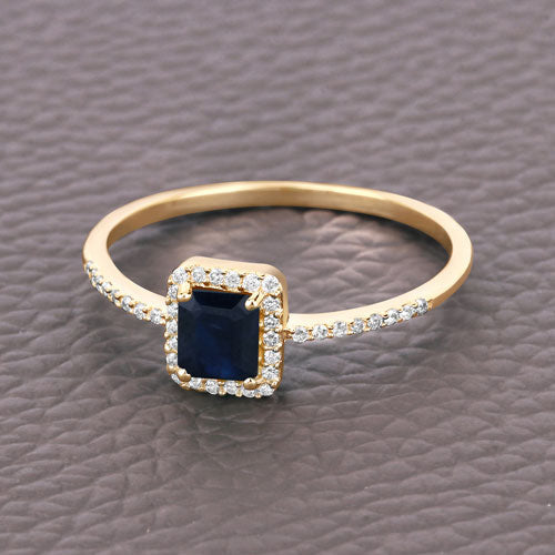 Bague de fiançailles en saphir bleu et diamant de 0,60 carat en or jaune 14K