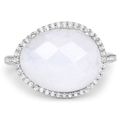 Anillo de 7.33 quilates de auténtica piedra lunar blanca arcoíris y topacio blanco