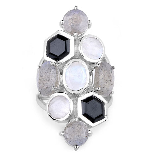 Bague en Labradorite et Pierre de Lune Arc-en-Ciel Blanche de 10,30 Carats