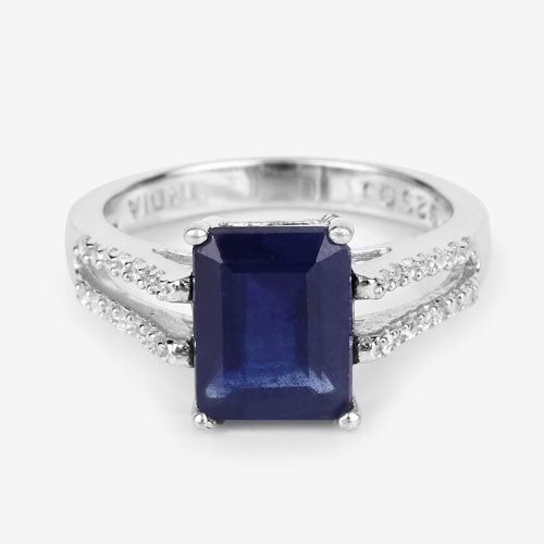3.07 Carat Glass Filled Sapphire & White Zircon Sterling Silver Ring