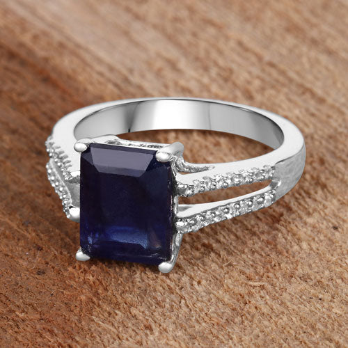 3.07 Carat Glass Filled Sapphire & White Zircon Sterling Silver Ring
