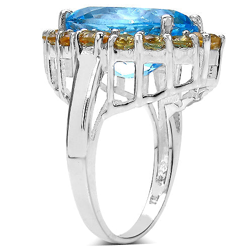 12.73 Carat Blue Topaz & Citrine Sterling Silver Engagement Ring