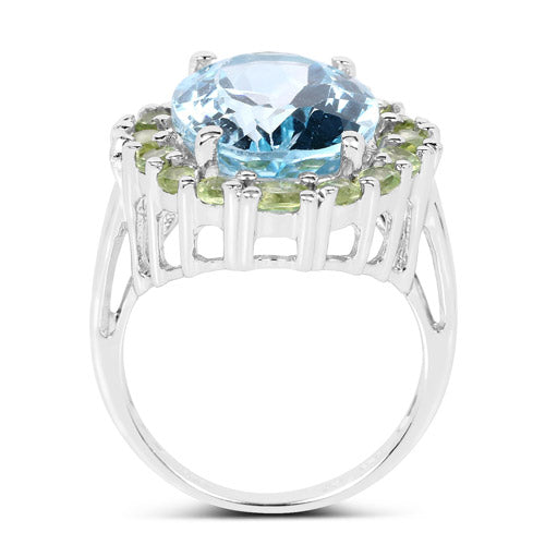 Bague en argent sterling avec topaze bleue et péridot de 12,77 carats