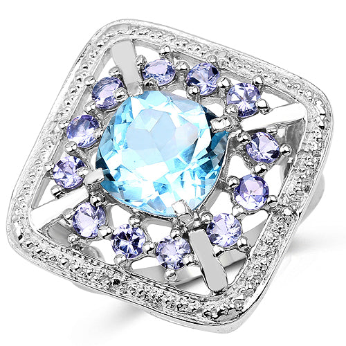 4.24 Carat Blue Topaz & Tanzanite Sterling Silver Ring