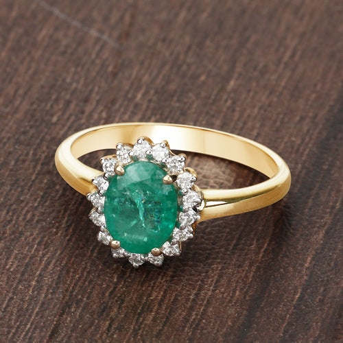 1.39 Carat Zambian Emerald & Diamond 10K Yellow Gold Engagement Ring