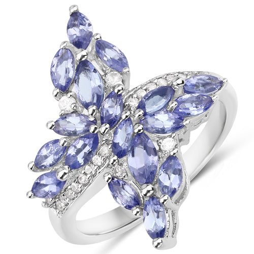 1.73 Carat Genuine Tanzanite and White Zircon Sterling Silver Ring