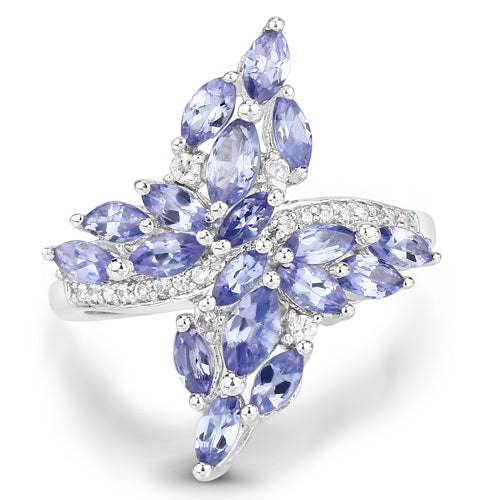 1.73 Carat Genuine Tanzanite and White Zircon Sterling Silver Ring