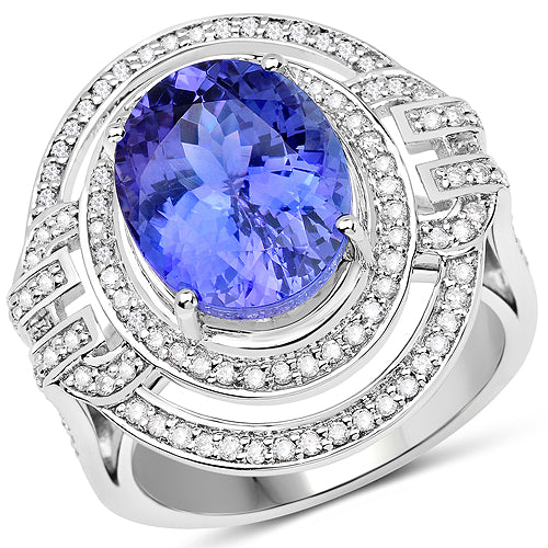14K White Gold 6.83 Carat Genuine Tanzanite and Diamond Ring