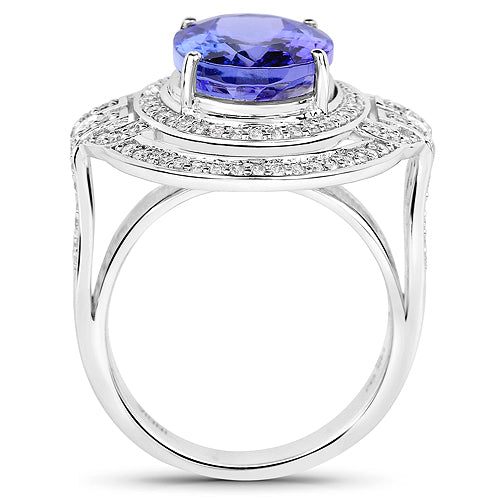 14K White Gold 6.83 Carat Genuine Tanzanite and Diamond Ring