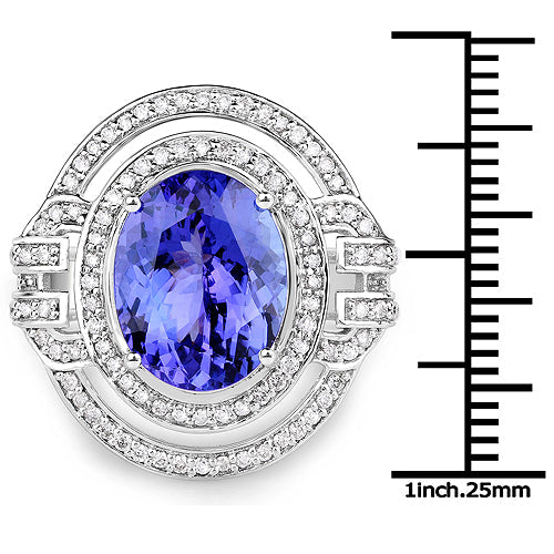 14K White Gold 6.83 Carat Genuine Tanzanite and Diamond Ring