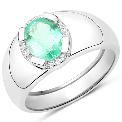 1.10 Carat Genuine Emerald and White Topaz Sterling Silver Ring