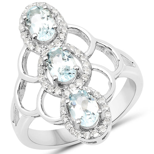 Bague en argent sterling avec aquamarine véritable de 1,54 carat et zircon blanc