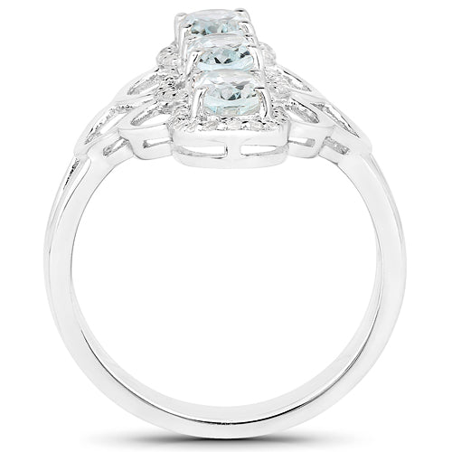 Bague en argent sterling avec aquamarine véritable de 1,54 carat et zircon blanc