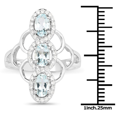 Bague en argent sterling avec aquamarine véritable de 1,54 carat et zircon blanc