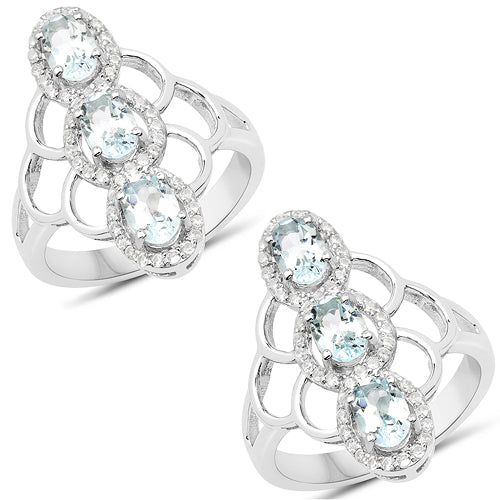 Bague en argent sterling avec aquamarine véritable de 1,54 carat et zircon blanc