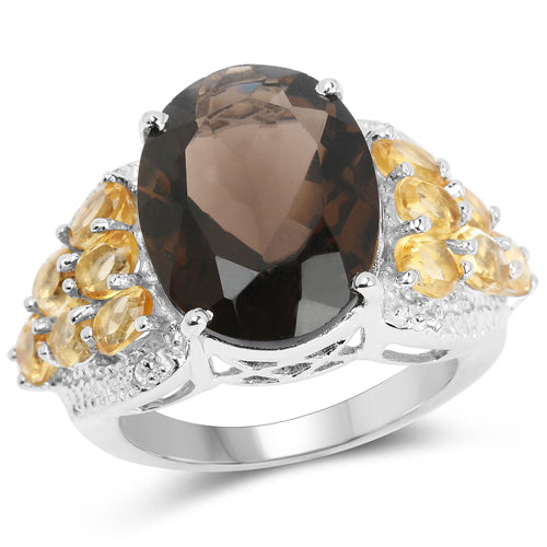 9.74 Carat Smoky Quartz, Citrine & White Topaz Sterling Silver Ring