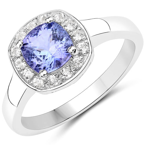 Bague en argent sterling avec tanzanite véritable de 1,51 carat et topaze blanche