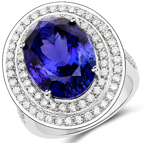 13.78 Carat Genuine Tanzanite and Diamond 18K White Gold Ring