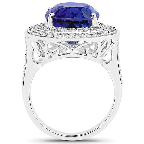 13.78 Carat Genuine Tanzanite and Diamond 18K White Gold Ring