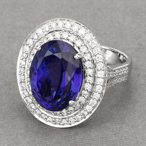 13.78 Carat Genuine Tanzanite and Diamond 18K White Gold Ring