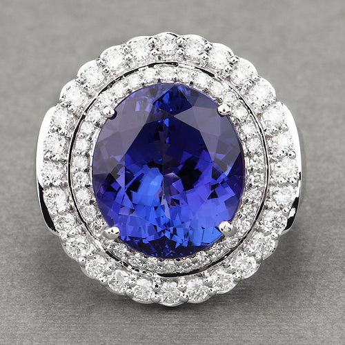 Bague en Tanzanite et Diamants Blancs de 10,79 Carats en Or Blanc 18K
