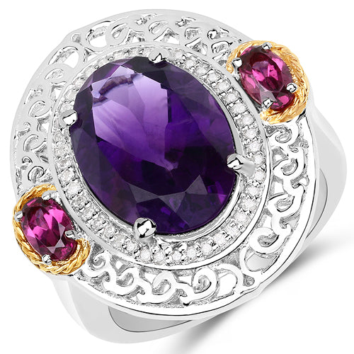 Bague en or 14K avec améthyste de 5,58 carats, rhodolite et diamant