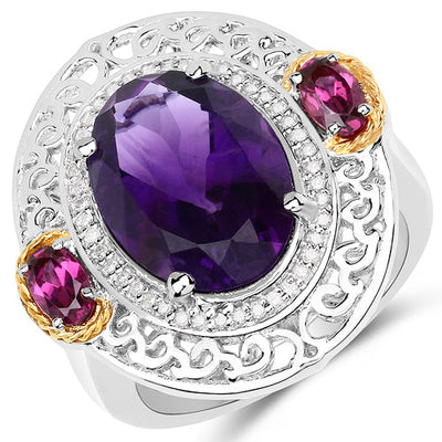 5.58 Carat Amethyst, Rhodolite & Diamond 14K Gold Ring