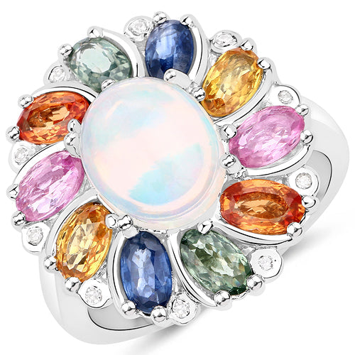 Bague en Opale Éthiopienne de 3,92 Carats et Multi Saphirs en Argent Sterling