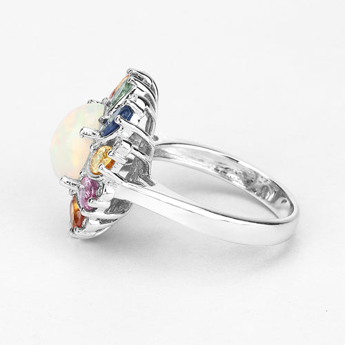 Bague en Opale Éthiopienne de 3,92 Carats et Multi Saphirs en Argent Sterling